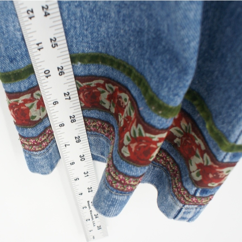 Venezia Jeans Denim Straight Leg Floral Embroidered Velvet Trim Hem 90s Vintage - Picture 6 of 11
